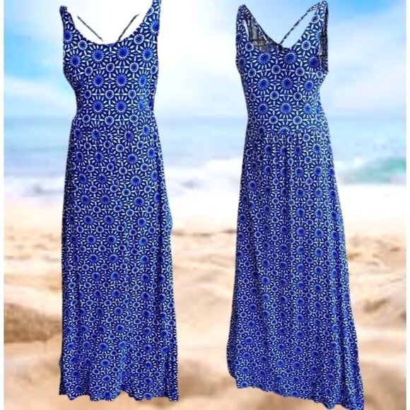 SO Maxi Dress Girls Sz M Blue White Floral Sleeveless Strappy Front Side Slits - Picture 1 of 12